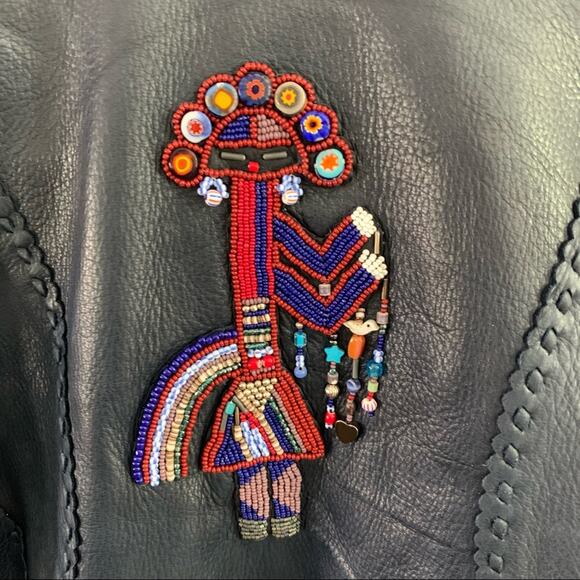 Gossamer Wings Navy Blue Vintage Leather Jacket Tank 2 Set Beaded Navajo Fringe - Picture 6 of 15
